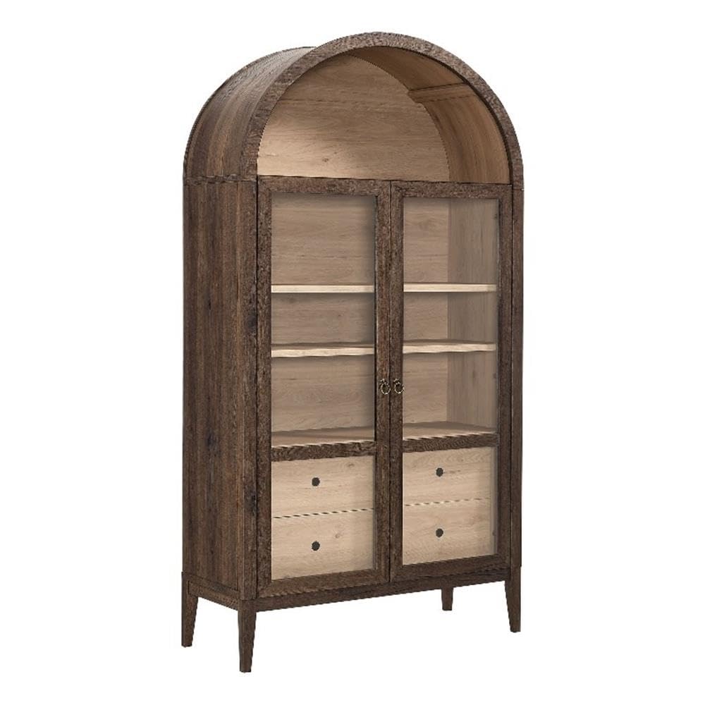 Photo 1 of Modway Nolan Tall Arched Storage Display Cabinet in Walnut Light Oak - 74 Inch Arch Bookshelf with Glass Doors, Shelves and Drawers - Modern Accent Cabinet for Living Room, Dining Room