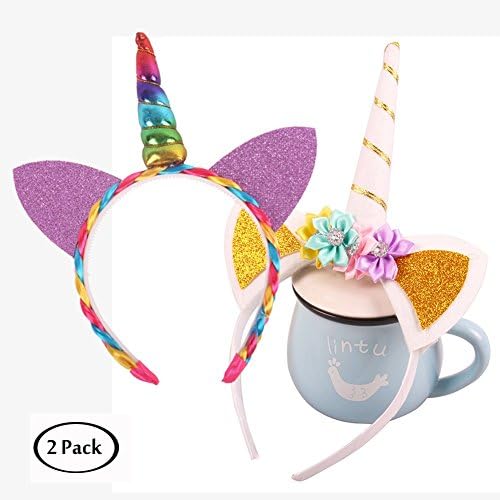 Dollshow 2 Pack Unicorn Horn Headband for Girls Party Accessories,Little Pony Cosplay Hairpiece with Ear and Flowers (Style 1)