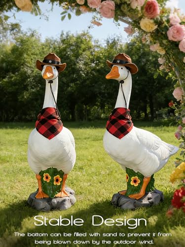 LarpGears Premium Adjustable Large Porch Goose Statue – 23” Realistic Hollow Plastic Garden Goose with Removable Cowboy Hat & Bandana, Stone Base with Sand-Fillable Design for Outdoor Stability