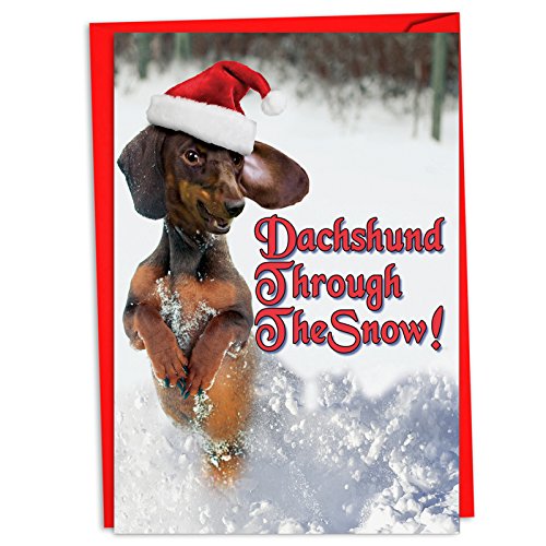 C4287XSG-B12 Box Set of 12 Dachshund Through The Snow Merry Christmas Greeting Cards; with Envelopes