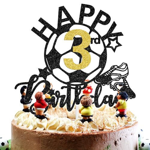 Soccer Happy 3rd Birthday Cake Topper, Soccer Players Toys/Football Soccer Theme Party Cake Decorations, 3 Years Old Birthday Cake Ball Party Decorations Supplies for Boy Girl, Black and Gold Glitter at Amazon