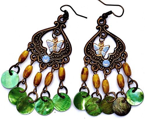 Lightweight Purple Butterfly Boho Dangle Chandelier Earrings with Dangling Emerald Green Shell Charms Spring Fashion