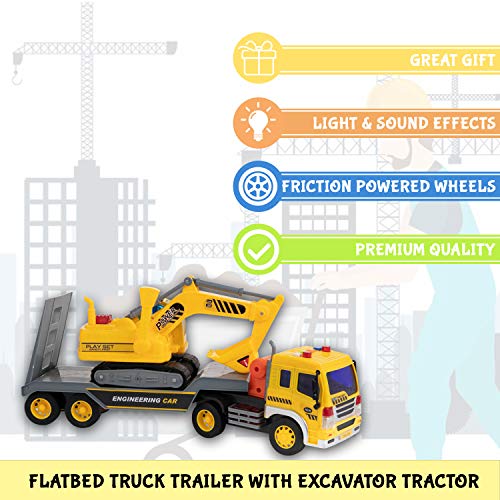 Toy To Enjoy Flatbed Truck Trailer with Excavator Tractor - Friction Powered Wheels, Four Light & Sound Effects - Heavy Duty Plastic Construction Vehicle Toy for Kids & Children