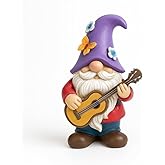 GoGnome Musical Gnome Figurine with Guitar – Handcrafted Resin Garden or Shelf Decoration, 6.2" Tall Whimsical Gnome Statue with Purple Hat, Flowers & Butterfly, Gift for Music Lovers (Purple)