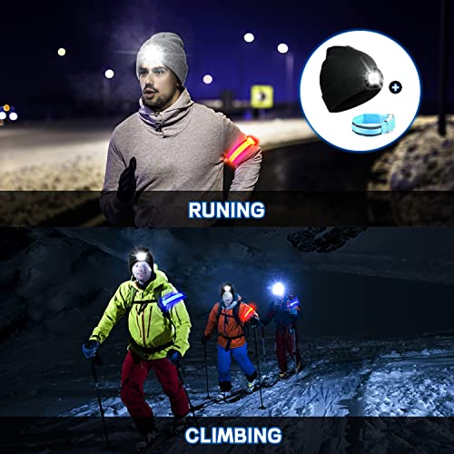 2 Pack LED Beanie Hat with Light, Unisex Winter Warm Knit Night Light Hat, Rechargeable Headlamp Beanie Cap with 2 Glow Bracelet for Camping Running Hiking Walking, Knit Beanie Gifts for Men Women Kid