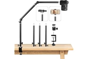 JEBUTU Heavy Duty Overhead Camera Desk Mount Stand 14.5"-41" with 1/4" Screw, 3-Section 360°Rotatable Detachable Articulating Boom Arm with Enlarged Handle C Clamp, Tabletop Light Stand for Streaming Vlog