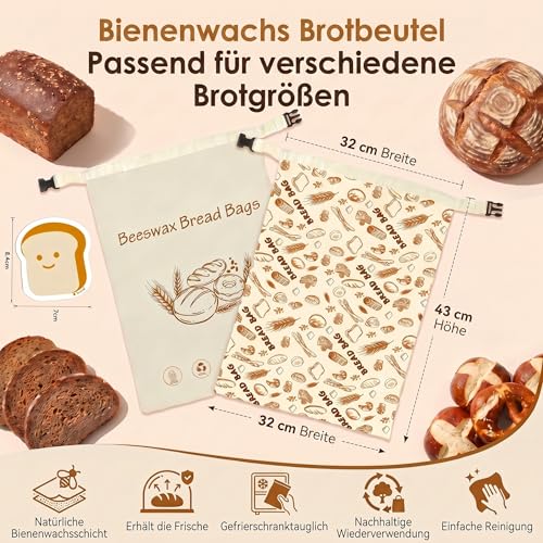 Beeswax Bread Bags, Set of 2, XL, 43 x 33 cm, Reusable Bread Bag for Keeping Fresh, Linen Bread Bag with Removable Beeswax Inliner for Sourdough, Sustainable Bread Storage Including Sponge