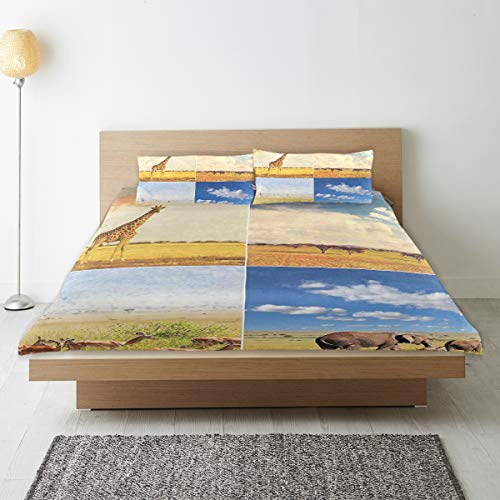 CHASOEA Duvet Cover Set African Safari Collage Lanscape with Native Animals Grassland Savannahs Mamals Decorative 3 Piece Bedding Set with 2 Pillow Shams Twin Size