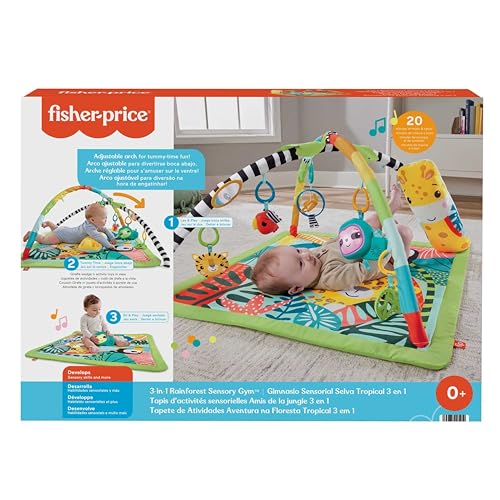 Fisher-Price 3-in-1 Rainforest Spieldecke für Babys, Spielmatte und sensorische Spielzeuge für das Spielen in der Bauchlage, Regenwalddesign, ab der Geburt, HJW08