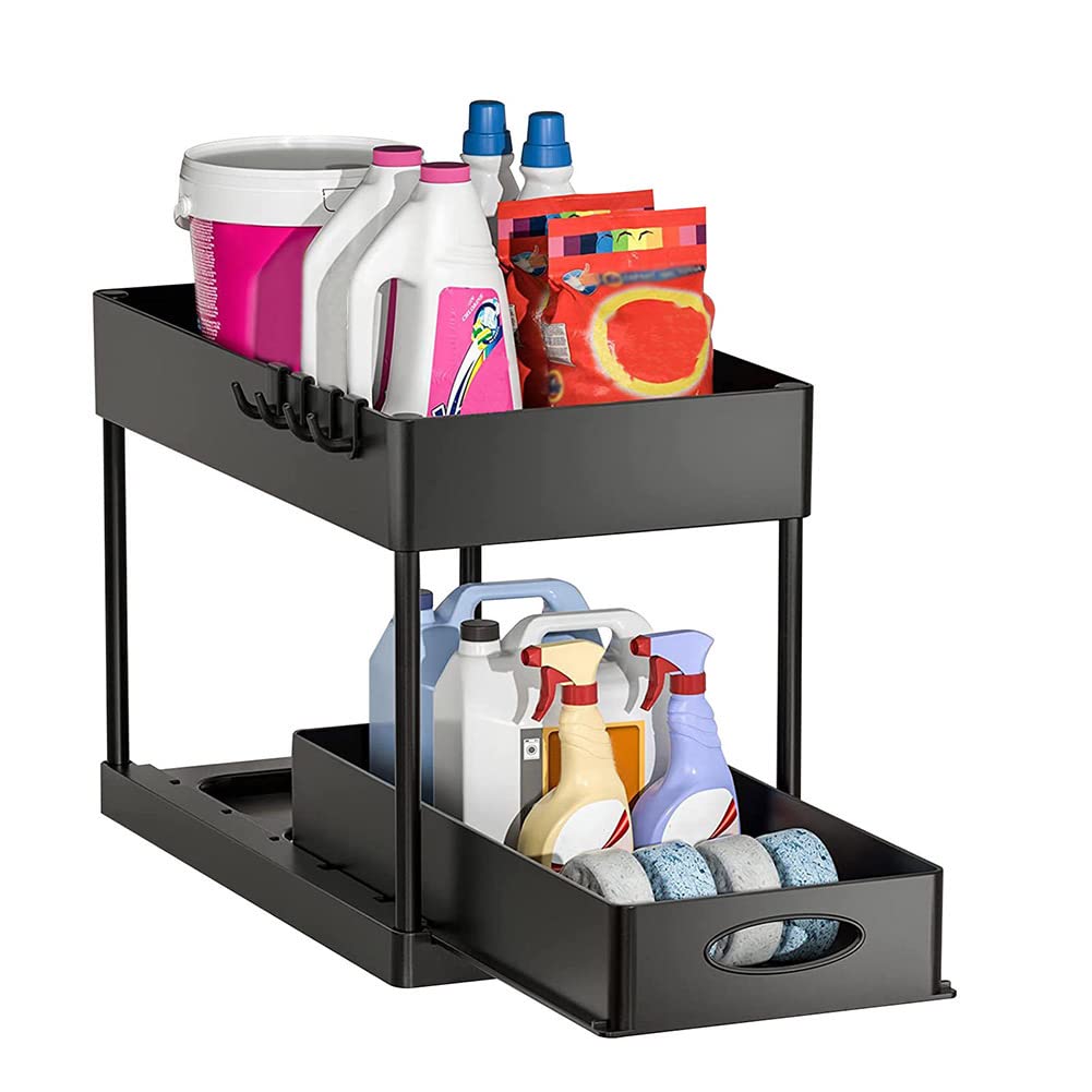 Under Sink Organizers Storage, 2 Tier Under Sink Shelf with 4 Hooks Bathroom Under Sink Shelf Basket Multi-functional Storage Shelf Organizer for Cosmetics for Kitchen Bathroom Countertop and Cabinet