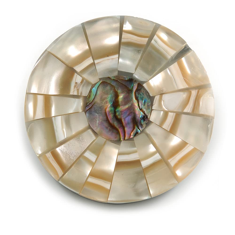 40mm L/Round Sea Shell Brooch/Beige/Natural/Abalone Shades/Handmade/Slight Variation In Colour/Natural Irregularities