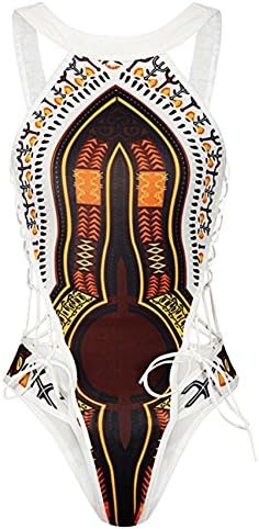 Tengweng Women One Piece Crewneck Ethnic Print Bandage Cutout Thong Bikini Swimsuit M White