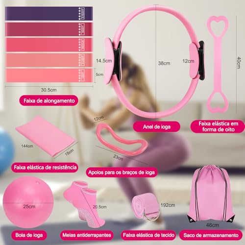 Kit Essencial de Pilates para Mulheres, Kit de Pilates para Exercícios em Casa, Equipamento de Pilates, Conjunto de Anel e Bola de Pilates com Faixas de Resistência e Bumbum, Anéis de Pilates de 38cm