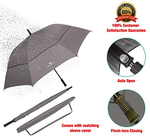 Procella Golf Umbrella Windproof Waterproof - 62 Inch Large Automatic Open Rain & Wind Resistant Vented Double Canopy - Best Golf-Sized Stick Umbrellas for Men and Women (Grey) - Thumbnail 5