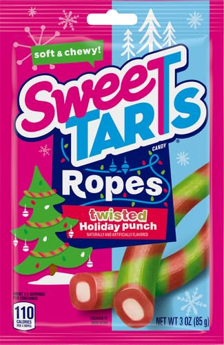 SWEETARTS ROPES TWISTED HOLIDAY PUNCH, SOFT AND CHEWY CANDY, 3OZ PACK – HOLIDAY STOCKING STUFFERS & TREATS