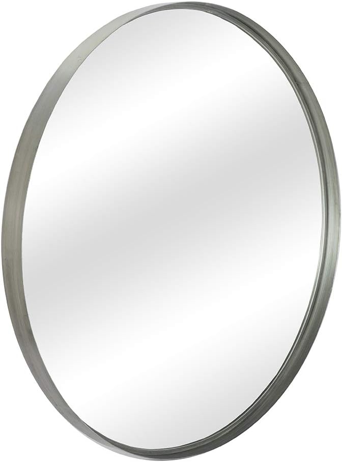 Contemporary Silver Metal Round Mirror (30") - Large Hanging Clean Wall Mounted Metal Thin Frame Circle Mirrors for Washroom, Bathroom, Entryway, Living Room, Bedroom, Modern Vanity Mirror Wall Decor