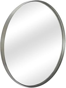 Contemporary Silver Metal Round Mirror (30") - Large Hanging Clean Wall Mounted Metal Thin Frame Circle Mirrors for Washroom, Bathroom, Entryway, Living Room, Bedroom, Modern Vanity Mirror Wall Decor