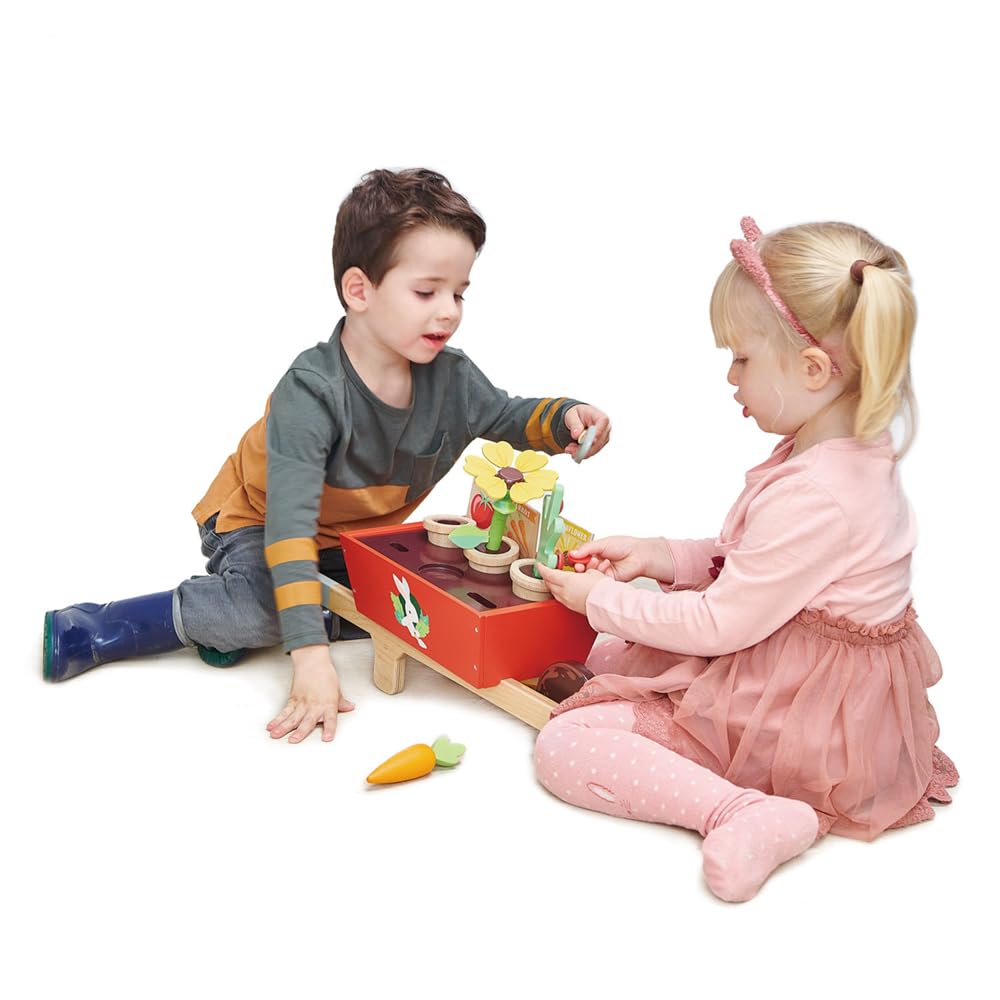 Tender Leaf Toys - Garden Wheelbarrow Set - Deluxe Garden Pretend Play Wooden Toy Set for Gardening - Educational, Creative and Imaginative Fun in Garden for Children 3+