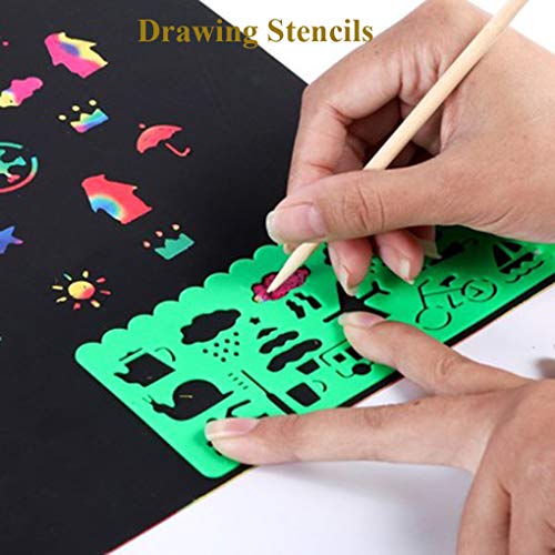 STKYGOOD Rainbow Scratch Paper Scratch Art Paper 50 Pcs Rainbow Sketch Pad Black Doodle Pad Scratch Painting with 5 Wooden Stylus 4 Drawing Molds