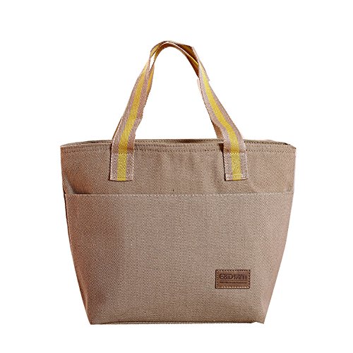Ecokaki(TM) Canvas Lunch Bag Tote Insulated Cooler Travel Picnic Box Storage Bag Lunch Kit, Beige-Small