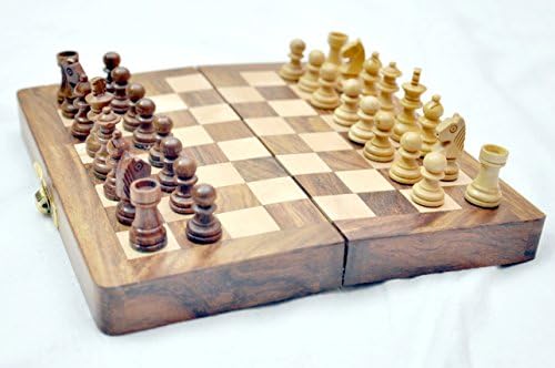 Kimaro 7" Magnetic Form Fitting Folding Wooden Travel Chess Set - 7 in x 7 in - With Wood Pieces in Case - Handmade