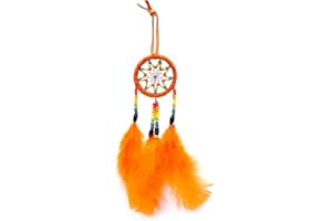 MIA JEWEL SHOP Small Dream Catcher Natural Feather Multicolored Beaded Dangle Hanging Ornament - Handmade Gifts Boho Home Room Decor Accessories (Orange)
