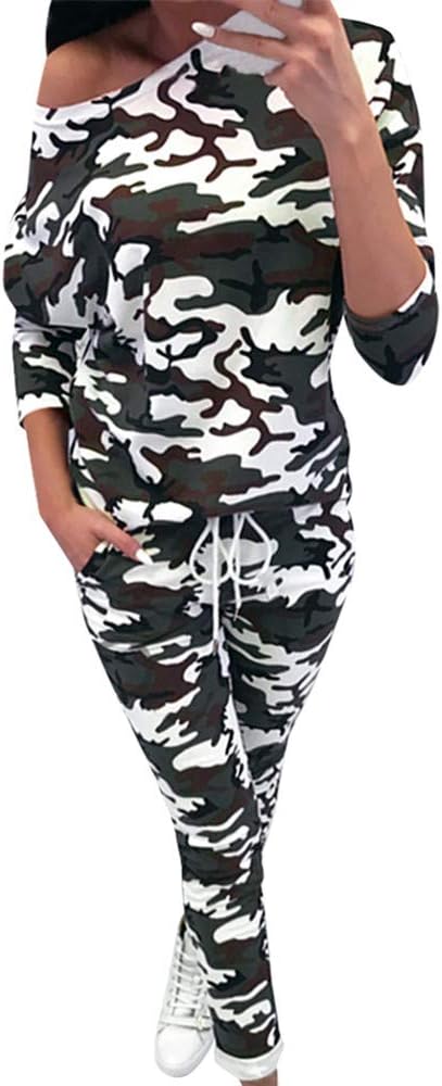 Womens Camouflage Tracksuits Plus Size 2PCS Set Lounge Wear Ladies Top Pant Suit