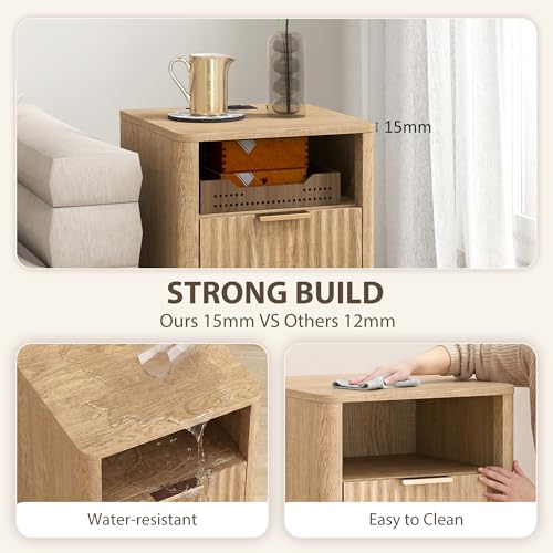 HOMCOM Fluted Nightstands Set of 2 with Charging Station, Modern Bedside Tables with 2 Drawers, Open Shelf, 2 Outlets and USB Ports, Side End Tables for Bedroom, Oak