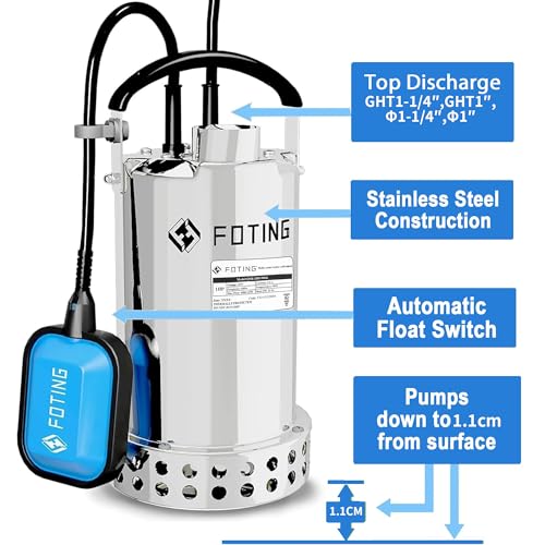 FOTING 900W Stainless Steel Submersible Water Pump with Float Switch, 13000 L/H Electric Sump Pump for Dirty/Clean Water, Portable Water Pump Drainage Pump for Garden Pond, Pools, Hot Tub, Ditches