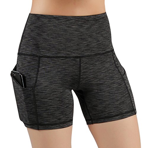 ODODOS High Waist Out Pocket Yoga Shots Tummy Control Workout Running 4 Way Stretch Yoga Shots,SpaceDyeCharcoal,Small