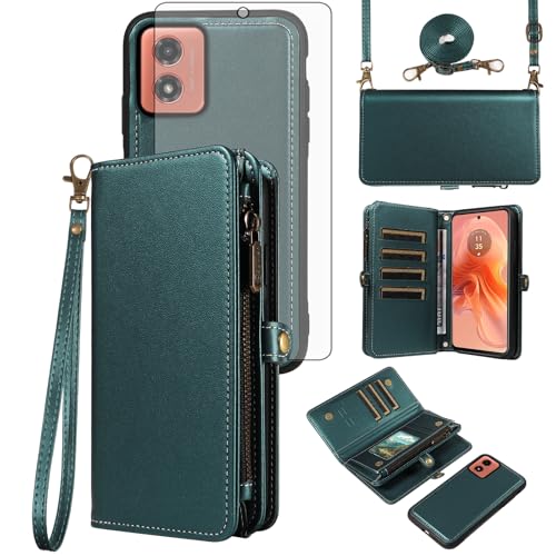 Asuwish Phone Case for Motorola Moto E14 / G04 / G04s / G24 Zipper Wallet Detachable Cell Cover with Screen Protector Crossbody Lanyard Strap Flip Card Holder Slot XT2421-2 XT2423-1 4G LTE Dark Green
