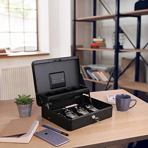 LIANTRAL Cash Box, Large Size Money Box with Lock and 5 Compartment Tray, 4 Spring-Loaded Clips for Bill(11.8" x 9.5" x 3.5"), Black - Thumbnail 5