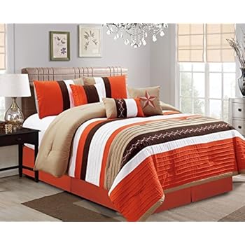 50 Off Modern 7 Piece Bedding Orange Brown White Pin Tuck