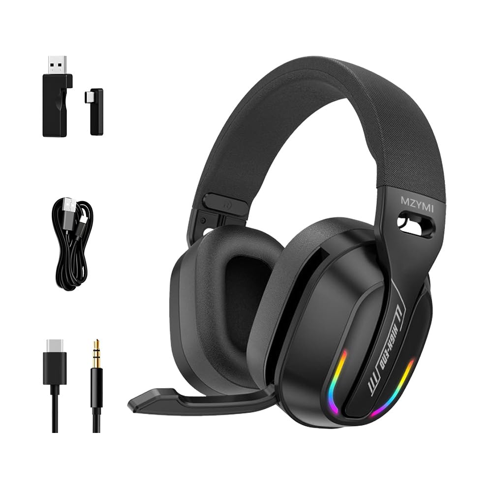 MZYMI 2.4GHz Wireless Gaming Headset for PC, PS5, PS4, Switch - Bluetooth 5.4, 20H Battery, with ENC Noise Canceling Microphone, Cool Lighting, 40mm Drivers,for Wired Mode Xbox Series -Black