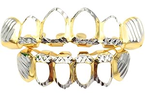 HULIYHUS 18K Gold Plated Hip Hop Teeth Grillz Caps Open Face 6 Top & 6 Bottom Mouth Grills for Your Teeth Rugged Grillz for Men Women Rapper Costume