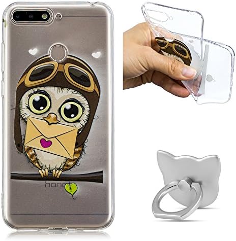 KANTAS Huawei Y6 2018 Case with [Ring Holder Stand], Soft Silicone TPU Bumper Cover Slim Thin Cover Transparent Postman Owl Painting Grip Case Protective Shell for Huawei Y6 2018