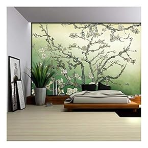 Almond Blossom Painting by Vincent Van Gogh on a Green Watercolored Background - Wall Mural, Removable Sticker, Home Decor - 66x96 inches