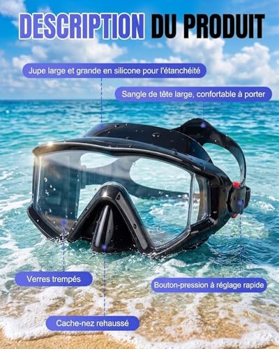 Hingue Diving Mask with 180° Panoramic Vision, Anti-Fog and Anti-Leak Adult Snorkel Mask with HD Tempered Glass, Adjustable Snorkeling Snorkel for Swimming, Diving and Snorkeling