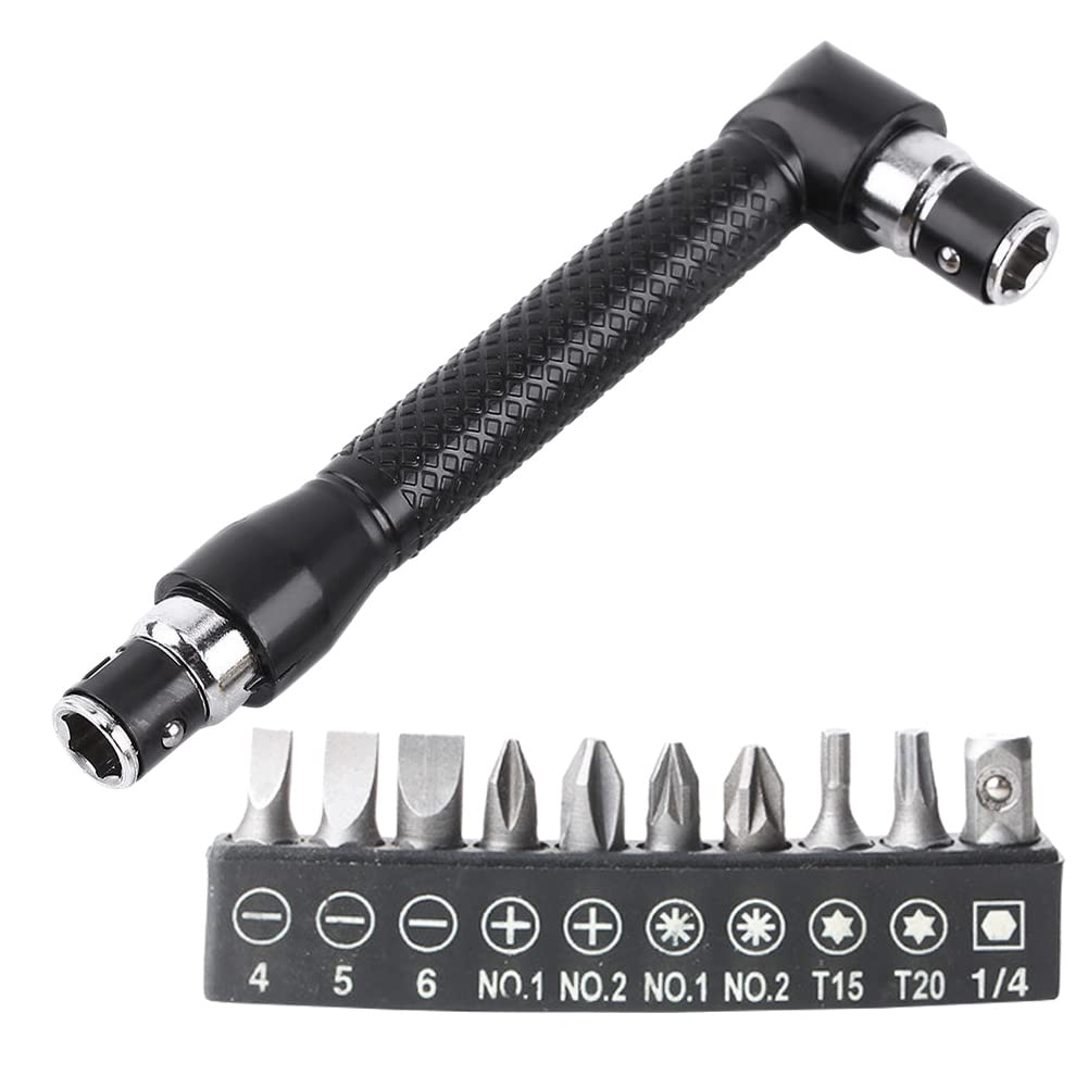 Photo 1 of Kigauru Double-Headed L-Shaped Socket 1/4 Inch Hex Socket Wrench 90 Degree Right Angle Screwdriver Adapter with 10Pcs Various Angled Screwdriver Bits Tool