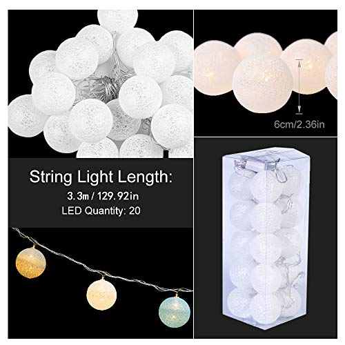 Ghirlanda Luminosa Cameretta Batteria, Zodight 3,3M 20 Sfere Cotone LED Catena Luminosa Interno, per Decorazione Della Luce Notturna Interna, Come Natale, Matrimonio, Festa, Stanza, Tenda