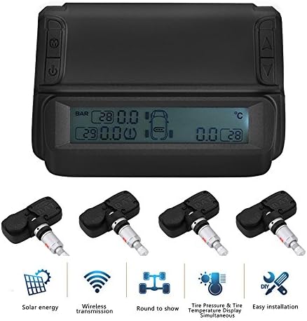 Tire Pressure Monitor System Sunsbell TPMS Sensor Temperature Alarm LCD Display with 4 Internal Sensors, Monitor Max 7 Tyre Monitoring, Black