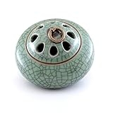 Medoosky T1300+ Ceramic Incense Burner(For Sticks, Cones or Coils Incense), Ice Green Porcelain Censer Firing at 1300℃ and Brass Incense Holder, in Chinese Tang Style