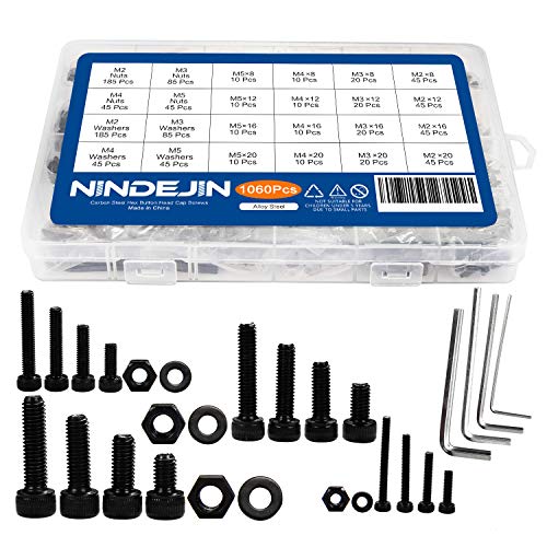 NINDEJIN M2 M3 M4 M5 Alloy Steel Socket Head Cap Screws Nuts Set 1060pcs Carbon Steel Screws Assortment Kit