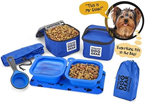 Dog Travel Food Set For Small Dogs (Blue) - 7pk Including Collapsible Bowls, Carriers, Scooper, Place Mat, Bag