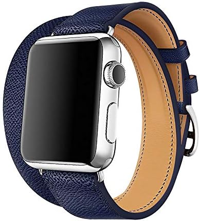 Compatible for Iwatch Band 38/42mm Leather Double Tour iwatch Strap Replacement Band with Stainless steel Adpter Clasp for Iphone Smart Watch Series 3 Series 2 Series 1,Sport Edition (Deep Blue, 38mm)