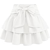 Timormode Women's Bow Mini Skirt Flowy High Waisted Ruffle Hem Short Skirts Cute Boho A-Line Layered Skater Skirt