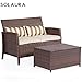 SOLAURA 3 Pieces Outdoor Furniture Brown Wicker Bistro Set Light Brown Cushions with Classic Gold Stripe Throw Pillows and Coffee Table