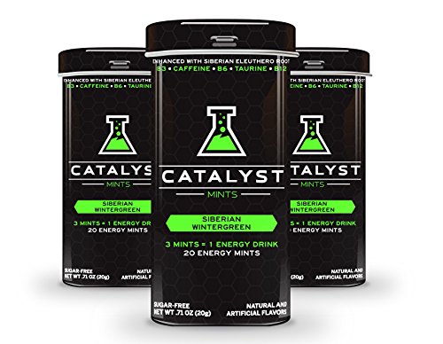 Catalyst Caffeinated Energy Mints | Sugar Free Nootropic Coffee & Caffeine Gum Alternative | Boost Focus & Wake Up with Taurine, Vitamins, & Natural Adaptogens | 3 Tins x 20 = 60 Chews