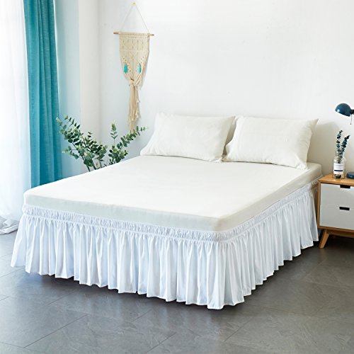 Cozylife Three Fabric Sides Wrap Around Elastic Solid Bed Skirt, Easy On/Easy Off Dust Ruffled Bed Skirts 14 Inch Tailored Drop (White,Full/Queen)