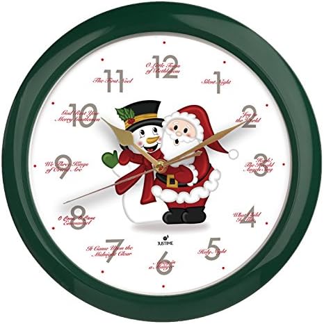 JUSTIME Splendid 14-inch 12 Song of Carols of Christmas Warm Santa Claus & Snowman Melody Wall Clock, Quartz Home Wall Deco Clock (SS Green)